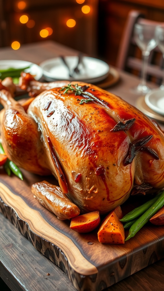 A smoked turkey on a cutting board garnished with herbs, surrounded by vegetables on a rustic table.